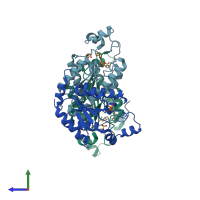 PDB entry 4fxp coloured by chain, side view.