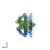 PDB entry 4fyi coloured by chain, side view.