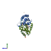 PDB entry 4fyk coloured by chain, side view.
