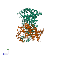 PDB entry 4fzd coloured by chain, side view.