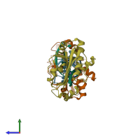 PDB entry 4fzz coloured by chain, side view.