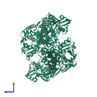 Hetero hexameric assembly 1 of PDB entry 4g0w coloured by chemically distinct molecules, side view.