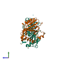 PDB entry 4g6u coloured by chain, side view.