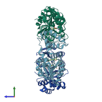 PDB entry 4gbe coloured by chain, side view.