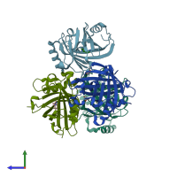 PDB entry 4ge1 coloured by chain, side view.