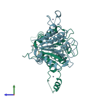 PDB entry 4gem coloured by chain, side view.