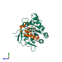 PDB entry 4gi3 coloured by chain, side view.