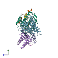 PDB entry 4gk5 coloured by chain, side view.