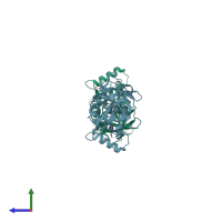 PDB entry 4gmv coloured by chain, side view.