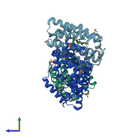 PDB entry 4gpf coloured by chain, side view.