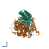 PDB entry 4gtp coloured by chain, side view.