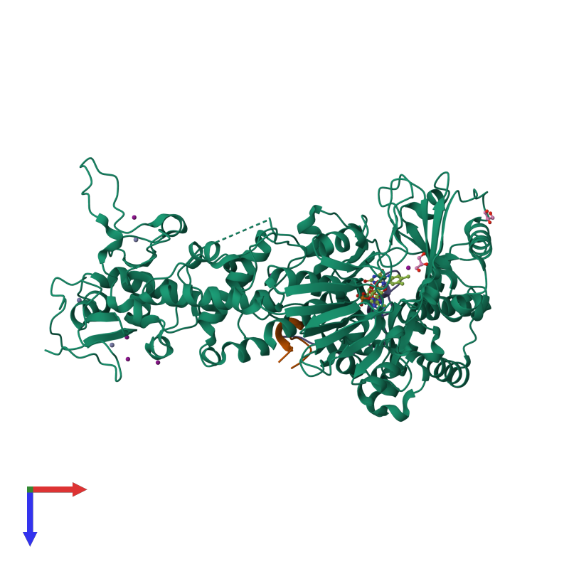 <div class='caption-body'><ul class ='image_legend_ul'> Trimeric assembly 1 of PDB entry 4gus coloured by chemically distinct molecules and viewed from the top. This assembly contains:<li class ='image_legend_li'>One copy of Lysine-specific histone demethylase 1B</li><li class ='image_legend_li'>One copy of Putative oxidoreductase GLYR1</li><li class ='image_legend_li'>One copy of Histone H3.3</li><li class ='image_legend_li'>One copy of FLAVIN-ADENINE DINUCLEOTIDE</li><li class ='image_legend_li'>6 copies of IODIDE ION</li><li class ='image_legend_li'>2 copies of GLYCEROL</li><li class ='image_legend_li'>3 copies of ZINC ION</li></ul></div>