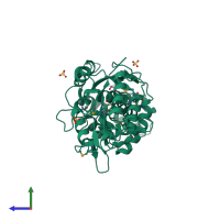 PDB entry 4gxt coloured by chain, side view.
