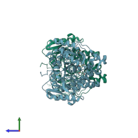 PDB entry 4gys coloured by chain, side view.