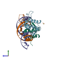 PDB entry 4h0e coloured by chain, side view.