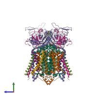 Hetero 16-meric assembly 1 of PDB entry 4h0l coloured by chemically distinct molecules, side view.