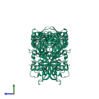 Homo dimeric assembly 1 of PDB entry 4h2f coloured by chemically distinct molecules, side view.