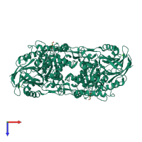 Homo dimeric assembly 1 of PDB entry 4h2f coloured by chemically distinct molecules, top view.
