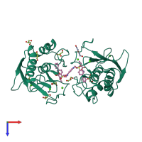 Homo dimeric assembly 1 of PDB entry 4h30 coloured by chemically distinct molecules, top view.