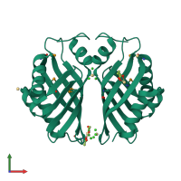 Homo dimeric assembly 1 of PDB entry 4h3u coloured by chemically distinct molecules, front view.