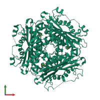 Homo hexameric assembly 1 of PDB entry 4h4l coloured by chemically distinct molecules, front view.