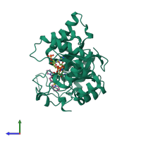 Monomeric assembly 1 of PDB entry 4h7c coloured by chemically distinct molecules, side view.