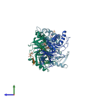 PDB entry 4hab coloured by chain, side view.