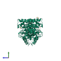 Homo dimeric assembly 1 of PDB entry 4hb7 coloured by chemically distinct molecules, side view.