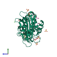 PDB entry 4hbu coloured by chain, side view.