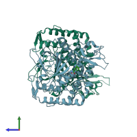 PDB entry 4hev coloured by chain, side view.