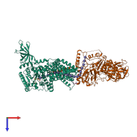 Hetero dimeric assembly 1 of PDB entry 4hg6 coloured by chemically distinct molecules, top view.