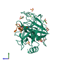 PDB entry 4hgc coloured by chain, side view.