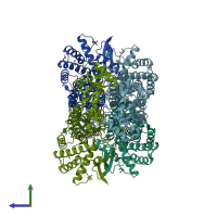 PDB entry 4hgv coloured by chain, side view.