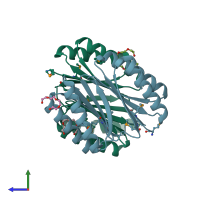 PDB entry 4hhu coloured by chain, side view.