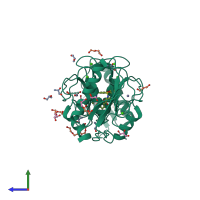 Homo dimeric assembly 1 of PDB entry 4hma coloured by chemically distinct molecules, side view.