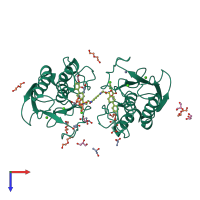 Homo dimeric assembly 1 of PDB entry 4hma coloured by chemically distinct molecules, top view.