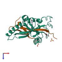 Hetero dimeric assembly 1 of PDB entry 4hmh coloured by chemically distinct molecules, top view.