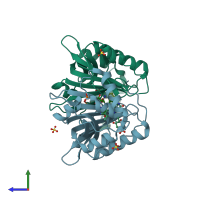 PDB entry 4hms coloured by chain, side view.
