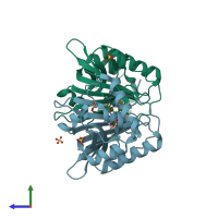 PDB entry 4hmt coloured by chain, side view.
