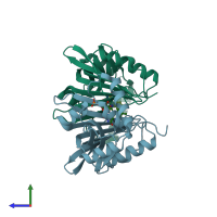 PDB entry 4hmw coloured by chain, side view.