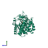 PDB entry 4hnl coloured by chain, side view.