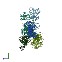 PDB entry 4hpe coloured by chain, side view.