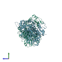 PDB entry 4hpf coloured by chain, side view.