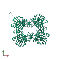 Homo tetrameric assembly 1 of PDB entry 4hps coloured by chemically distinct molecules, front view.