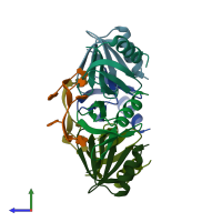 PDB entry 4ht8 coloured by chain, side view.