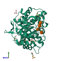 PDB entry 4hu0 coloured by chain, side view.