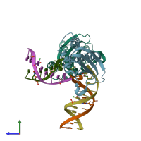 PDB entry 4huf coloured by chain, side view.