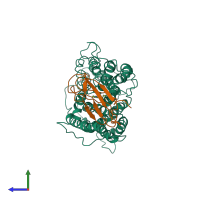 PDB entry 4hum coloured by chain, side view.