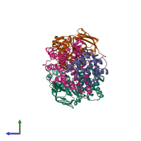 PDB entry 4huq coloured by chain, side view.