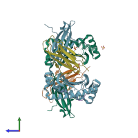 PDB entry 4hv8 coloured by chain, side view.